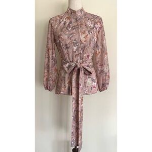 Vintage 70s Floral Shirt Button Front Tie Belt Retro High Collar Size Sm Med